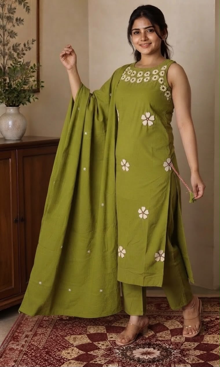 Embroidered Cotton Kurti Pant Set with Dupatta