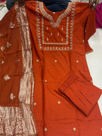 Embroidered Cotton Silk Kurta Set with Banarasi Dupatta