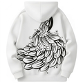 White hoodie with black floral pattern on a white background