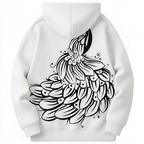 White hoodie with black floral pattern on a white background