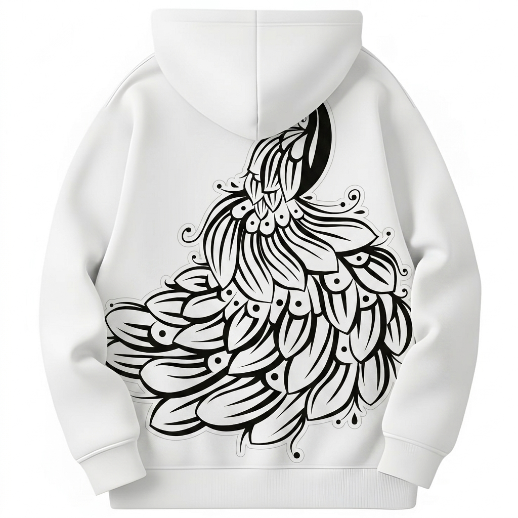 White hoodie with black floral pattern on a white background