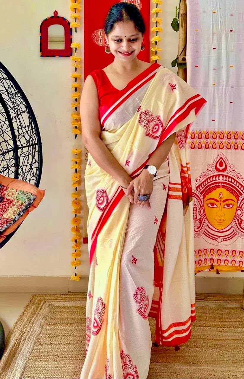 Durga Puja Digital Print Cotton Linen Saree with Latkan