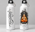 Two views of a white insulated water bottle with black caps and carabiner clips, shown on a light gray background. Side 1 features a black ornamental script design, and side 2 features a printed illustration of Sadhu Shri Bhagavad Gita Swami in orange robes in front of a temple arch, with the text 'SR.