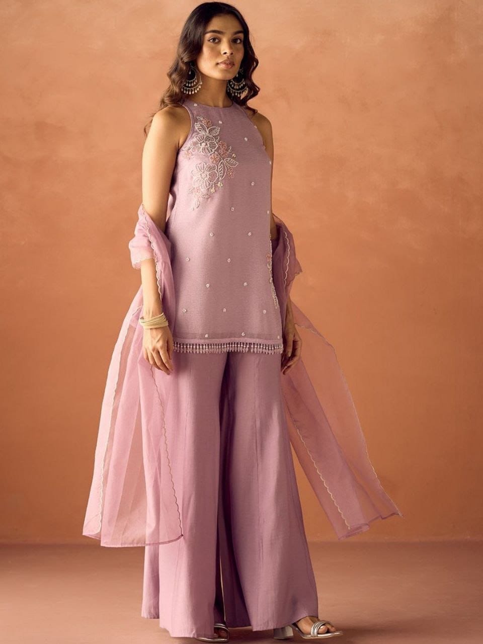 Crunchy Silk Embroidered Kurti Palazzo Dupatta Set