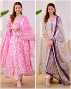 A side-by-side comparison of two women modeling traditional Indian salwar kameez sets. The left set is pink with a floral print and a matching dupatta.