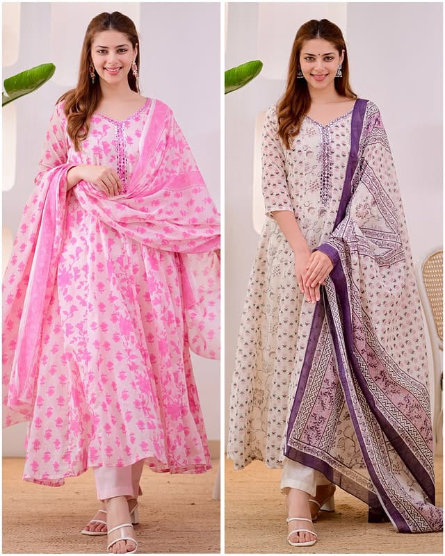 A side-by-side comparison of two women modeling traditional Indian salwar kameez sets. The left set is pink with a floral print and a matching dupatta.