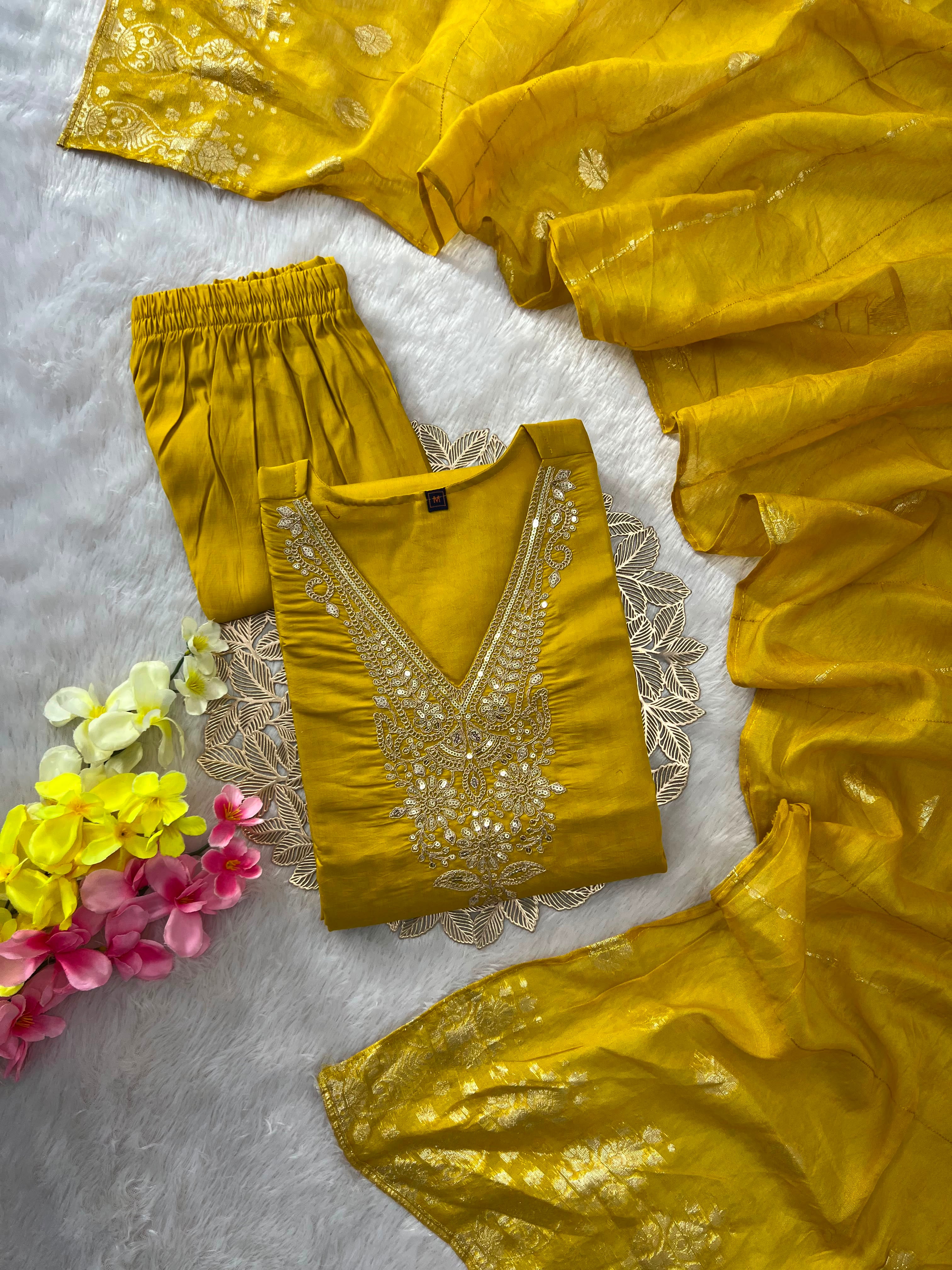 Embroidered Roman Silk Kurti Pant Set with Cotton Silk Dupatta