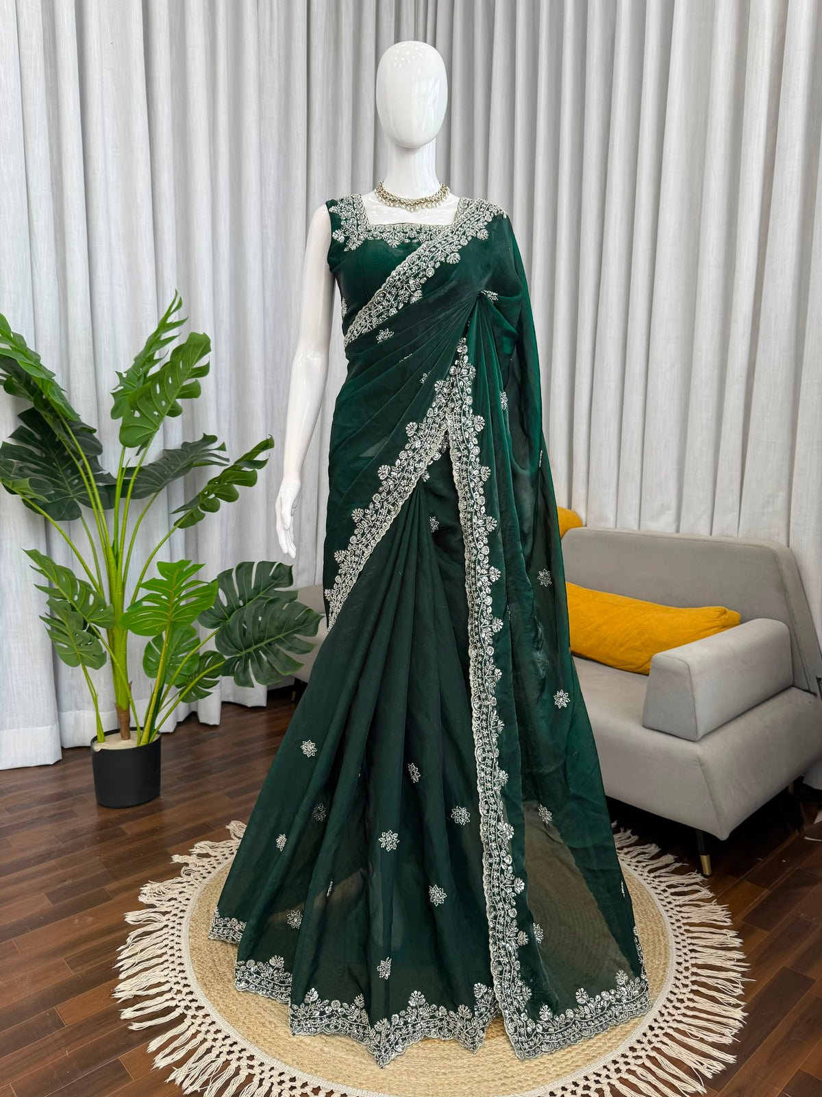 Beads & Sequins Work Fendy Silk Saree with Blouse