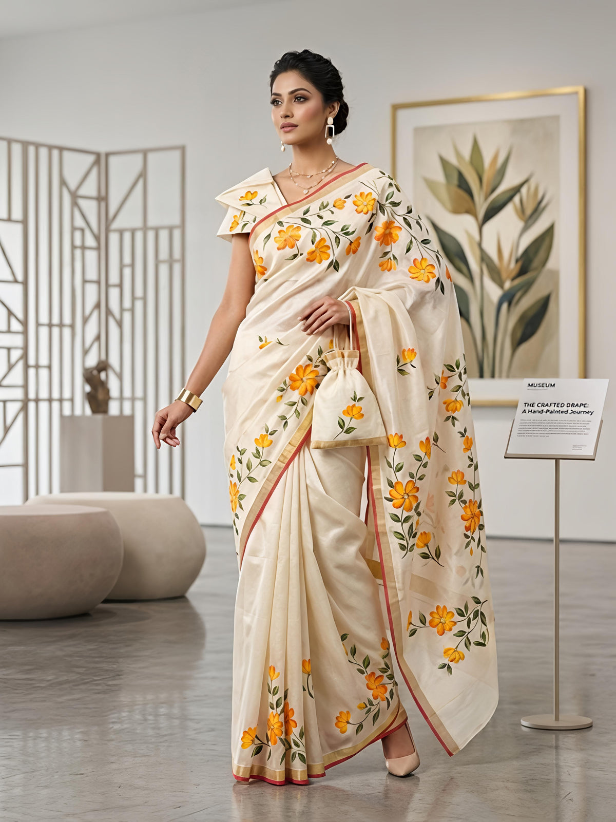 Floral Print Saree with Gola Zari Border & Blouse