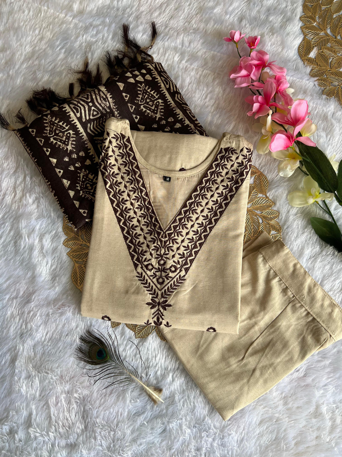 Khadi Cotton Embroidered Kurti Pant Set with Printed Dupatta