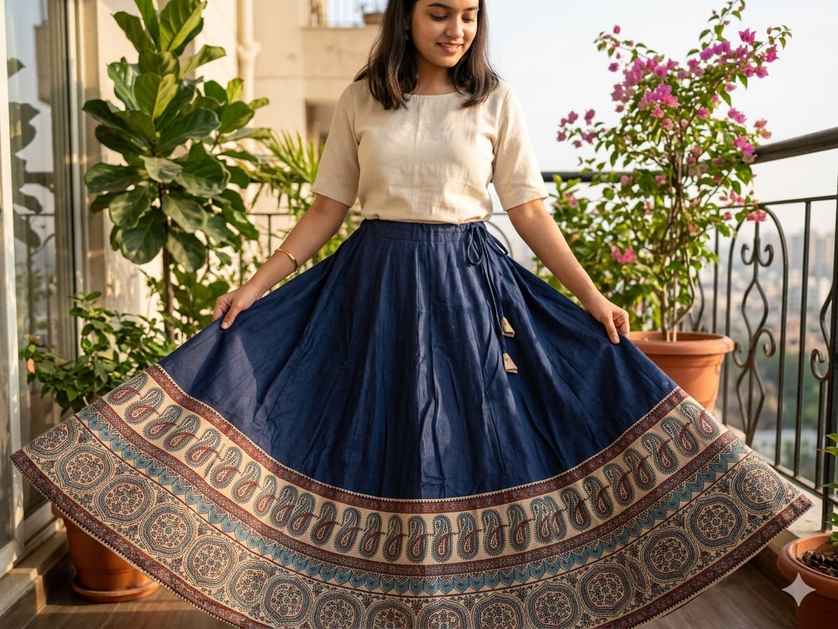 Plain Cotton Kali Skirt with Natural Border