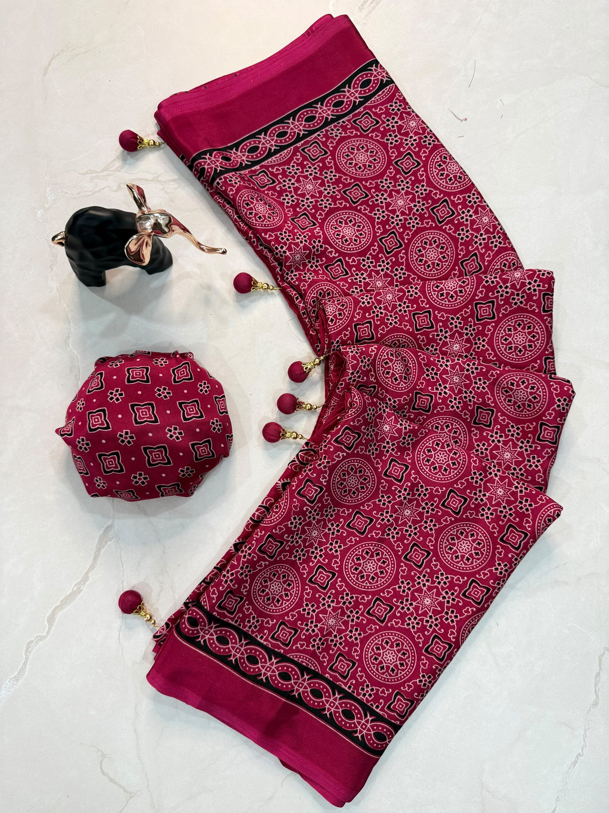Ajrakh Printed Crepe Gajji Silk Saree with Latkan & Blouse