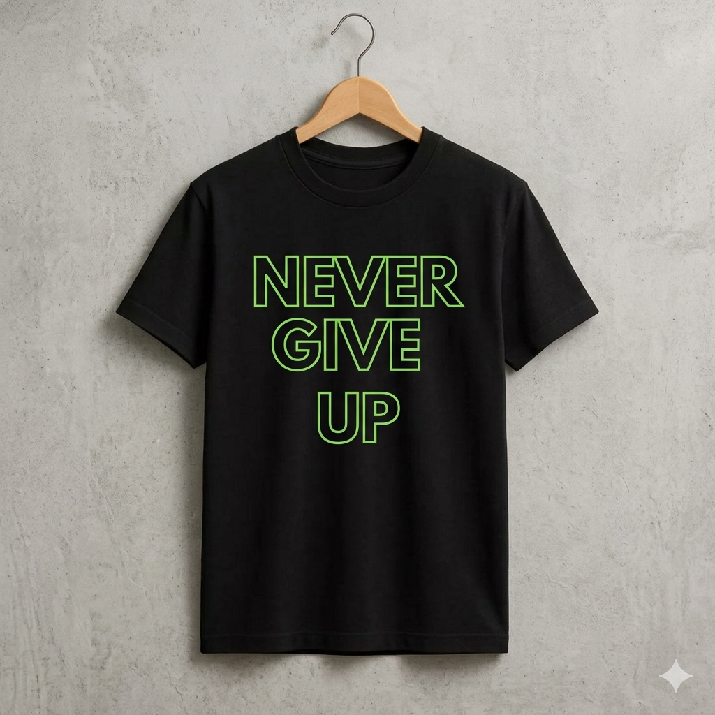 Black t-shirt with 'NEVER GIVE UP' text in green on a hanger against a gray concrete wall.