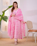Mirror Embroidered Cotton Anarkali Suit Set with Mulmul Dupatta