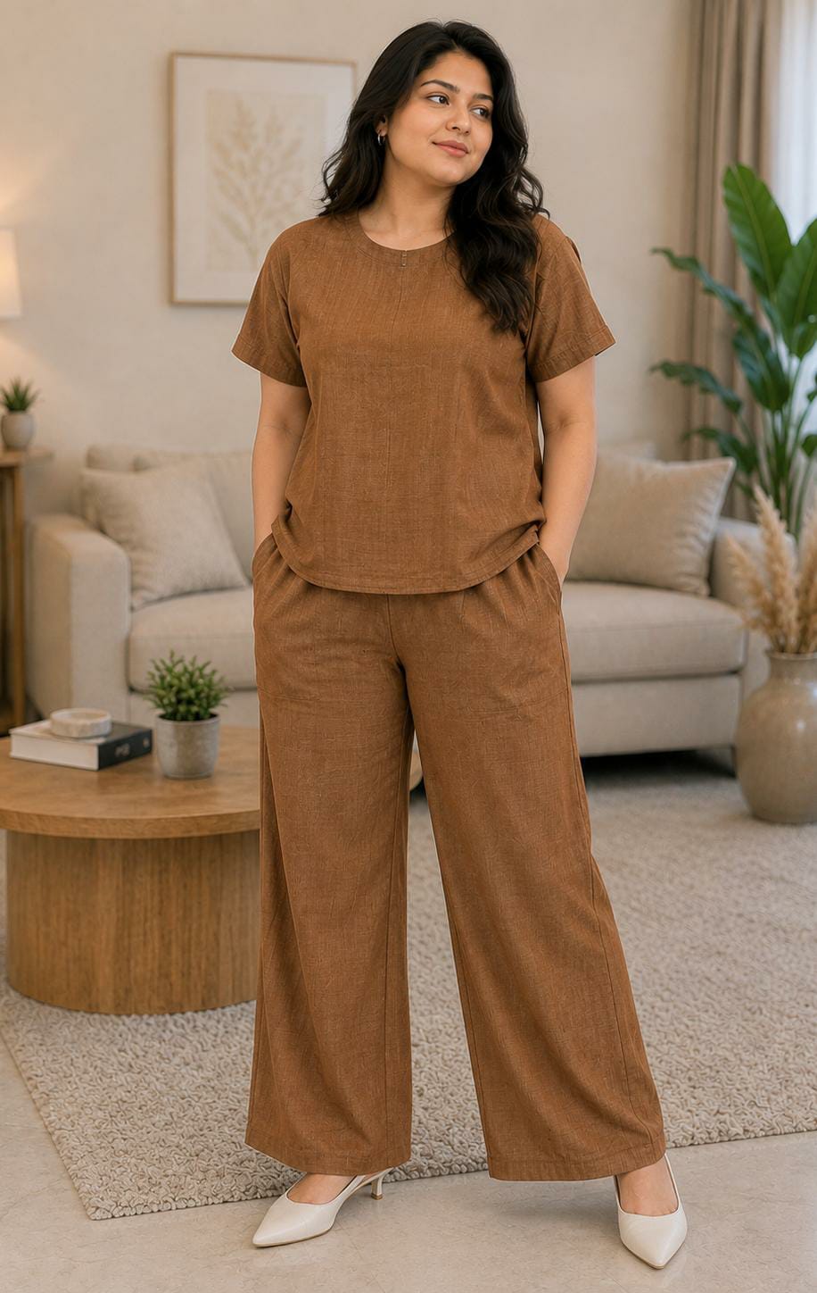 A woman modeling a matching two-piece lounge set in a warm brown linen-like fabric, featuring a short-sleeve crewneck top and wide-leg pants, standing in a modern living room setting.