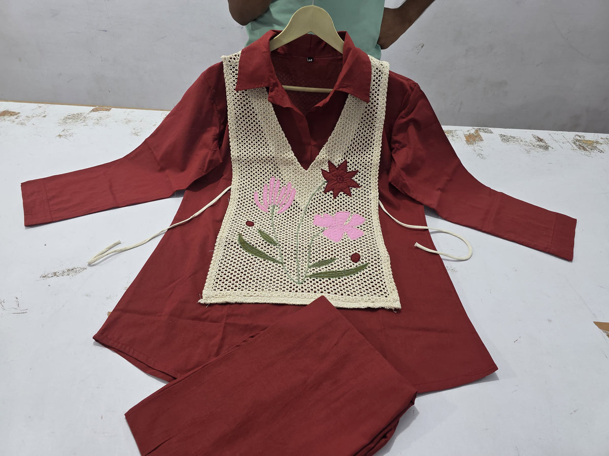 Cotton Co-Ord Set with Jute Jacket & Embroidery