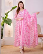 Mirror Embroidered Cotton Anarkali Suit Set with Mulmul Dupatta