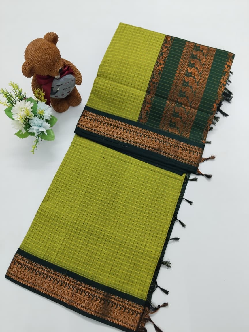 Checked Cotton Saree with Zari Pallu and Contrast Blouse