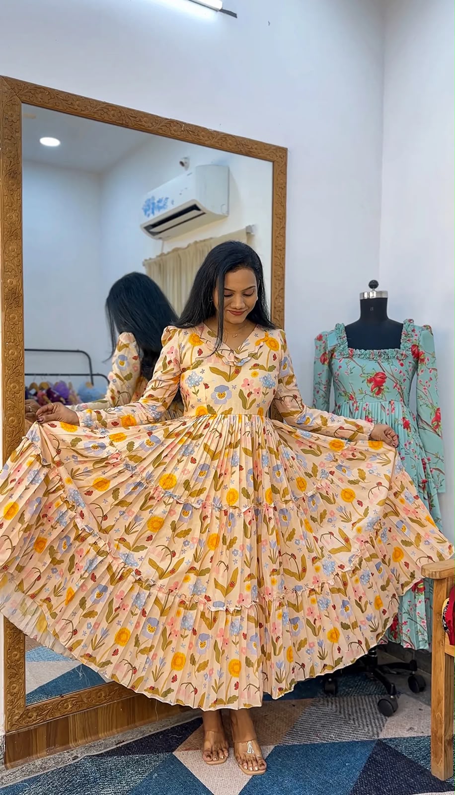 Floral Print Chanderi Cotton Maxi Dress for Women