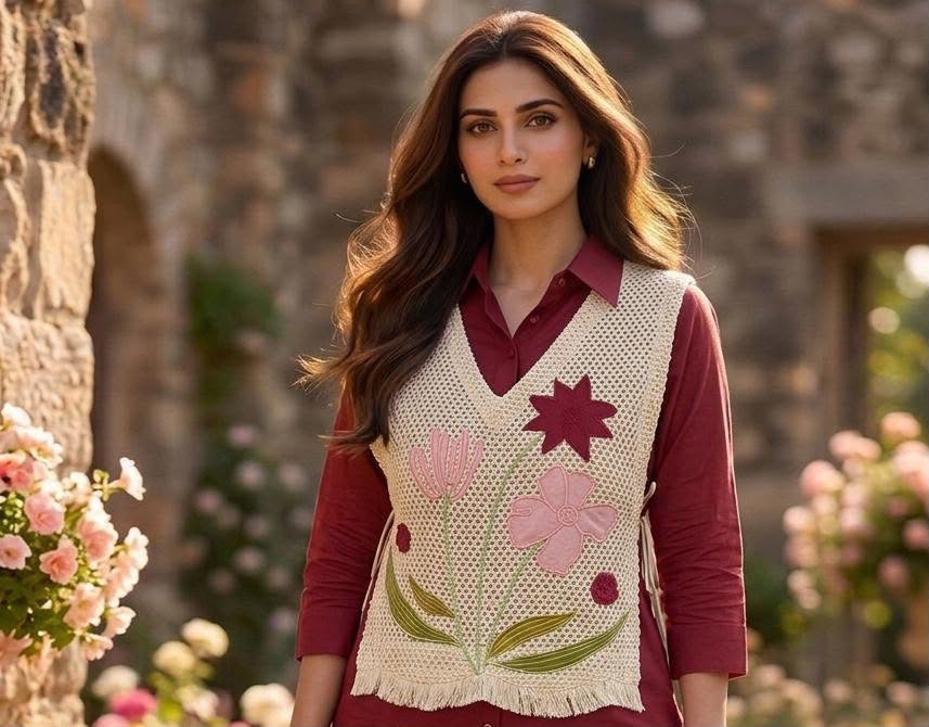 Cotton Co-Ord Set with Jute Jacket & Embroidery