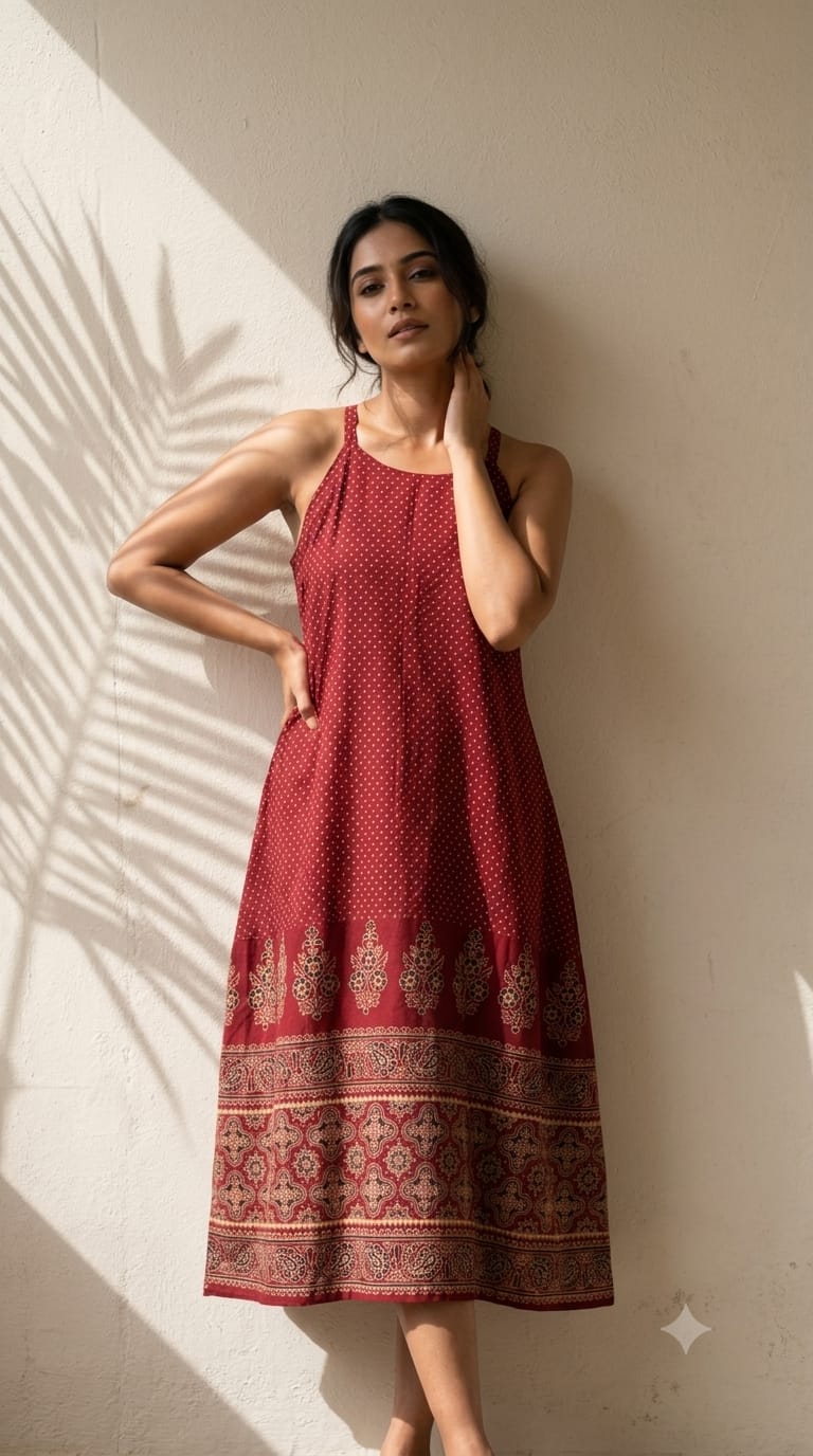 Ajrakh Print Cotton Spaghetti Dress for Women
