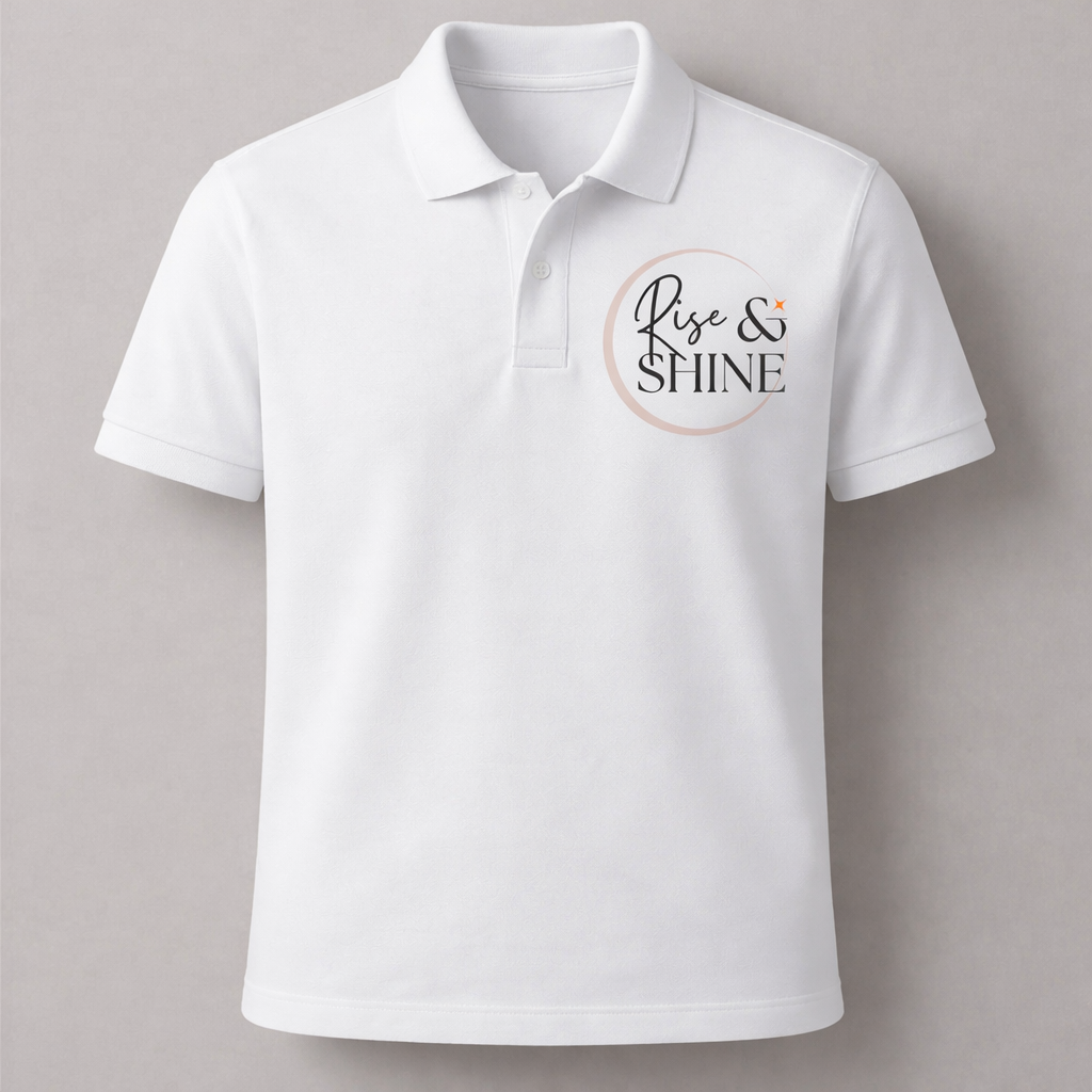 White polo shirt with 'Rise & Shine' text on a gray background