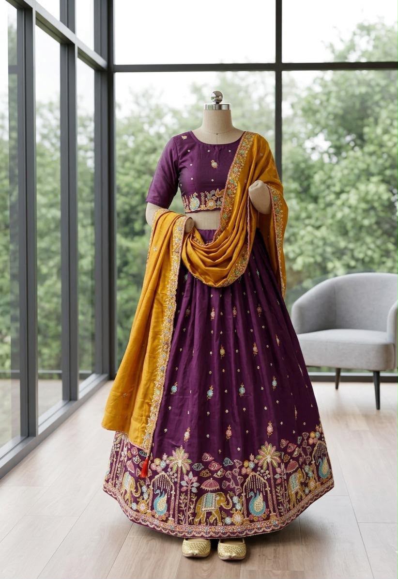 Designer Space Silk Embroidered Lehenga Choli with Dupatta