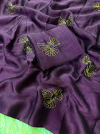 Bird Motif Beaded Rangoli Fabric Saree with Blouse