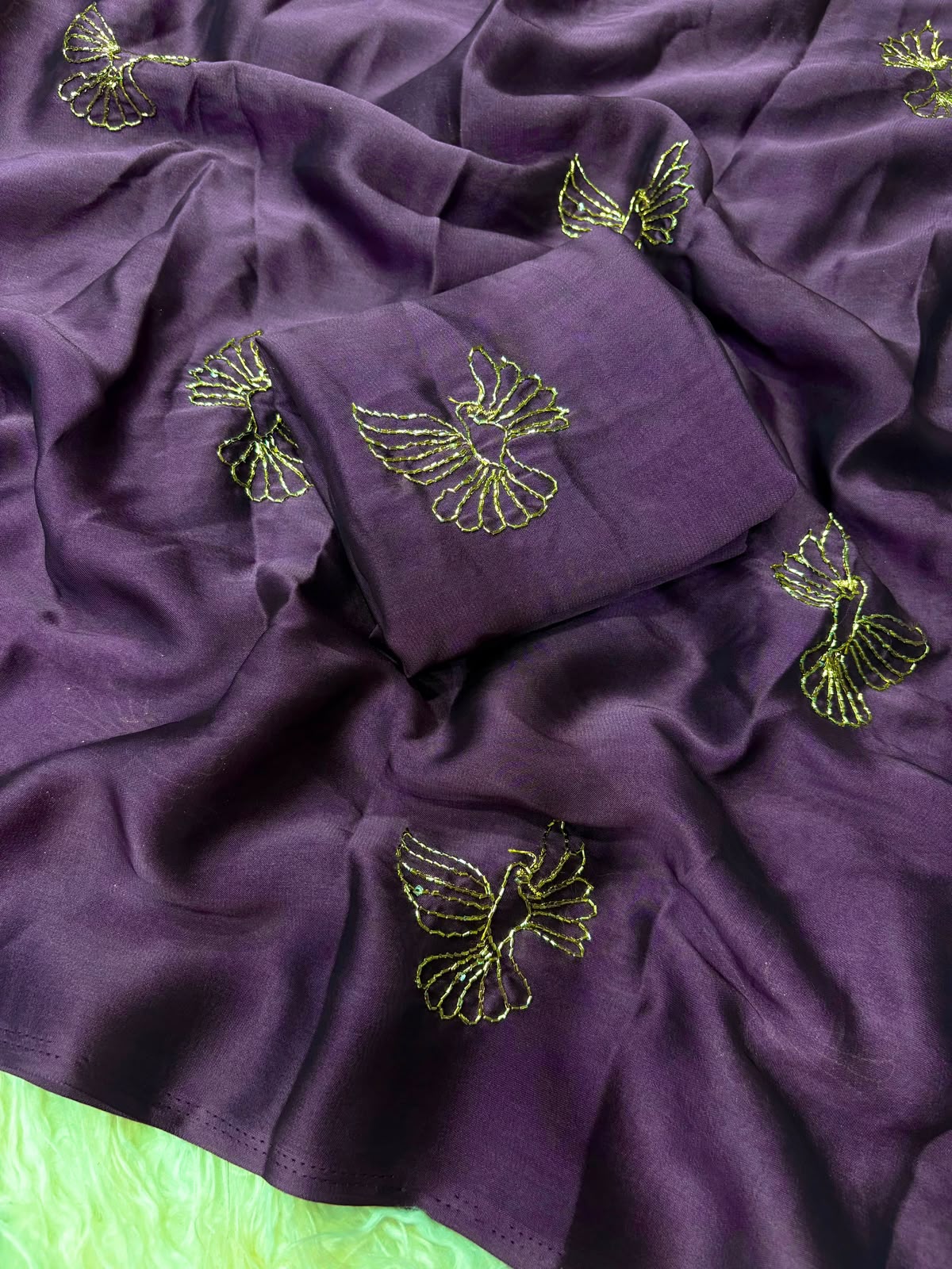Bird Motif Beaded Rangoli Fabric Saree with Blouse