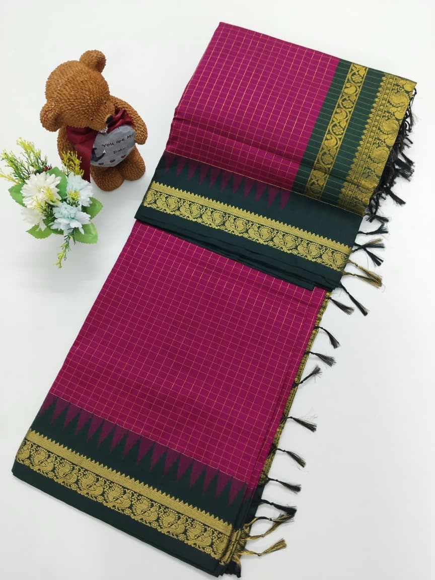 Checked Cotton Saree with Zari Pallu & Contrast Blouse