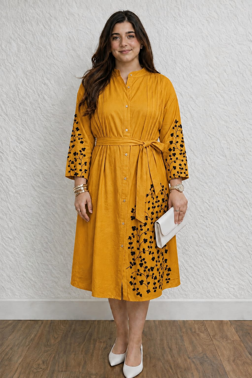 Embroidered Rayon Dress with Adjustable Belt