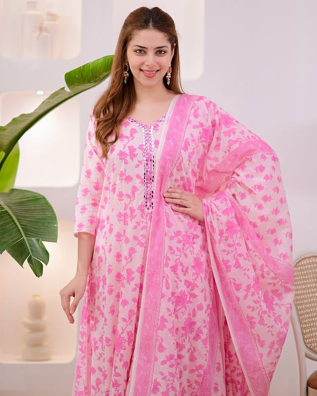 Mirror Embroidered Cotton Anarkali Suit Set with Mulmul Dupatta