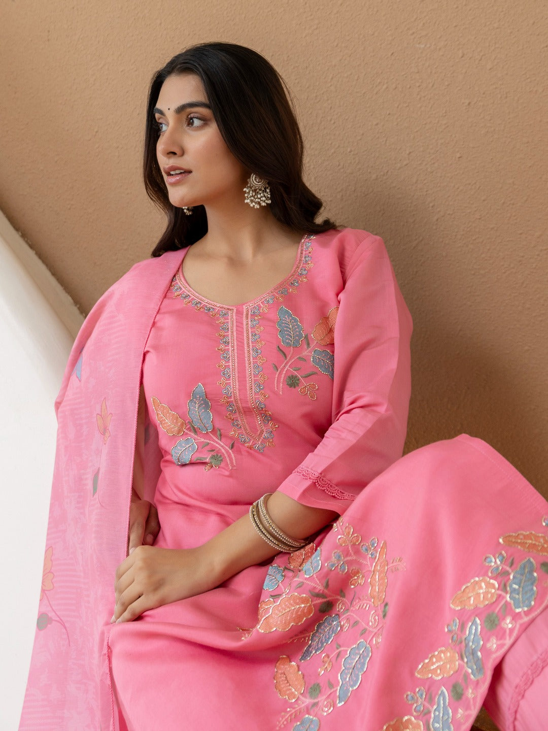 Embroidered Roman Silk Kurta Pant Set with Printed Dupatta