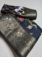 Floral Print Digital Silk Saree with Mirror Work