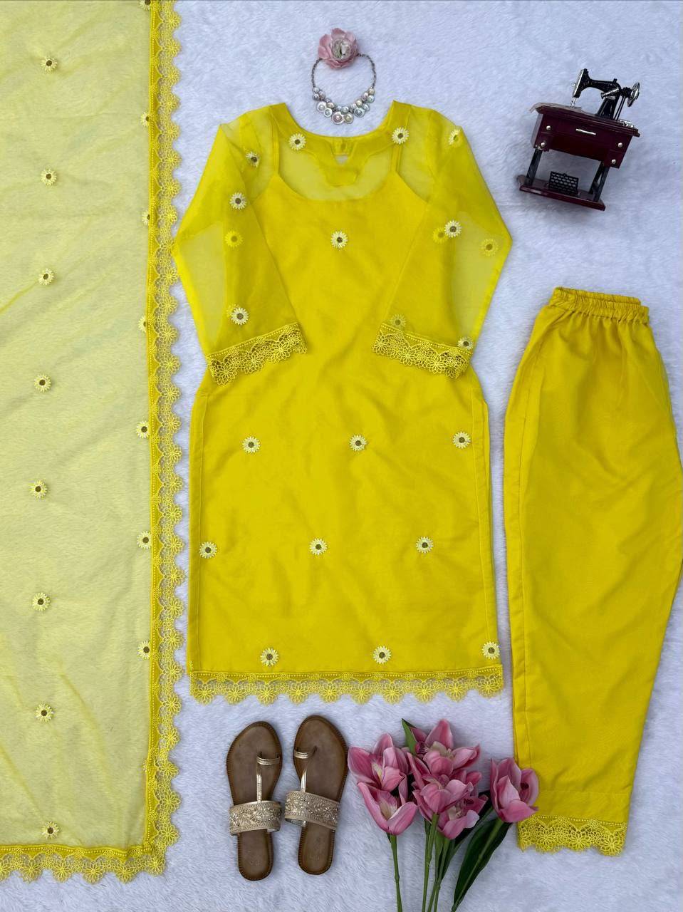 Nylon Organza Shrug Kurta Pant Dupatta Set
