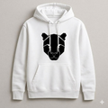 White hoodie with black geometric bear design on a gray background