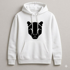 White hoodie with black geometric bear design on a gray background
