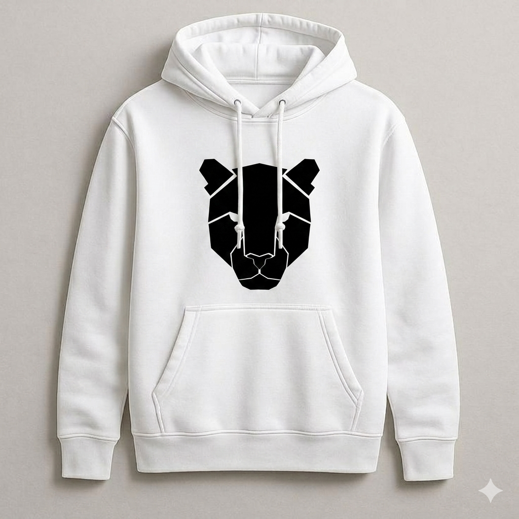 White hoodie with black geometric bear design on a gray background