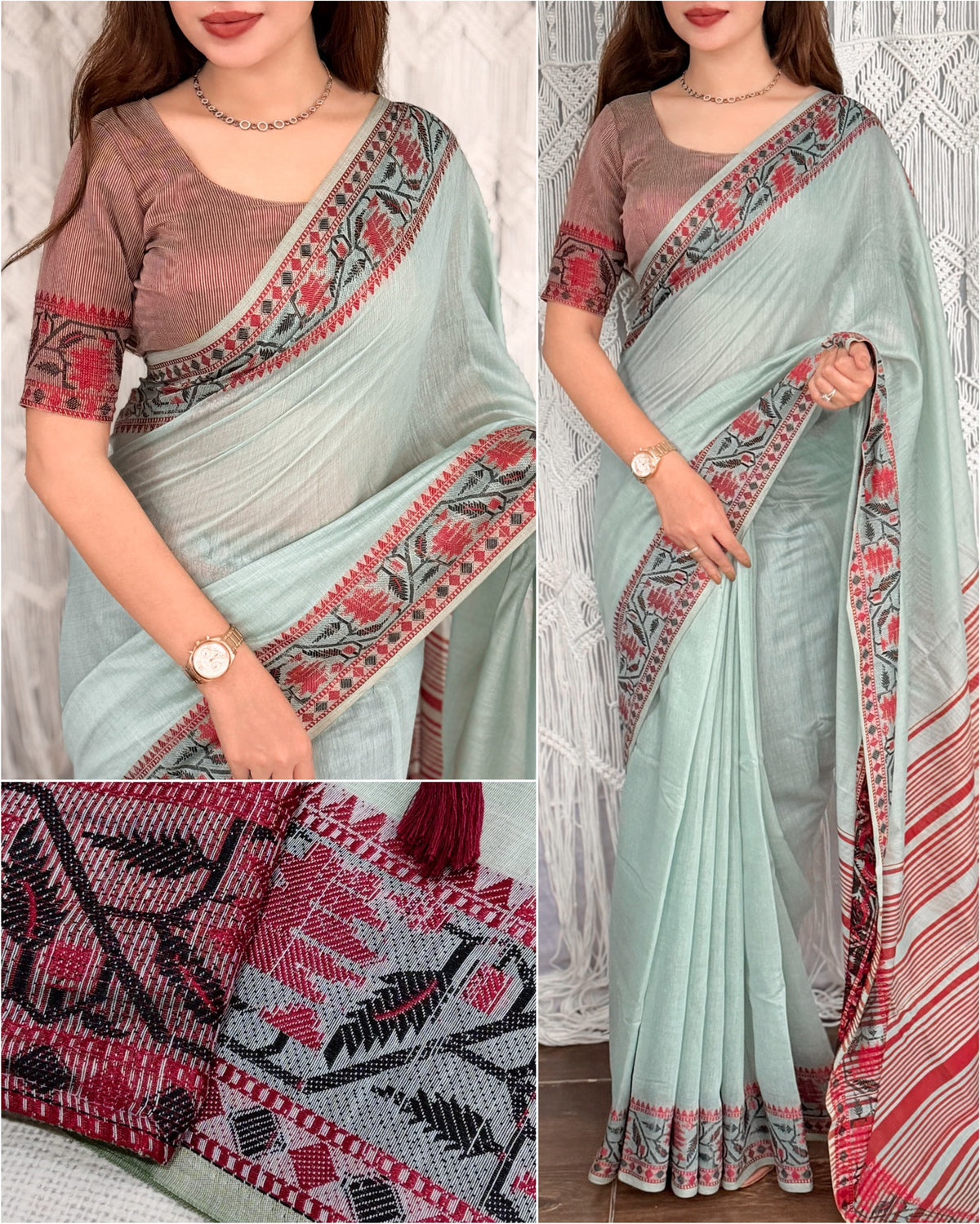 Modal Cotton Saree with Contrast Ikkat Border & Woven Pallu