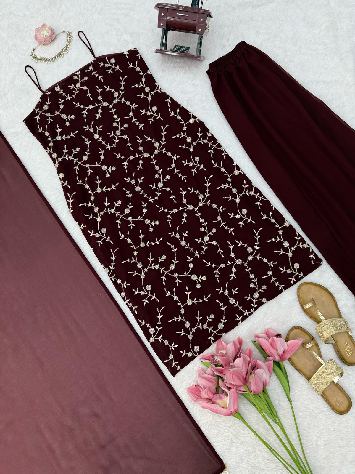 Embroidered Georgette Kurti Pant Set with Dupatta