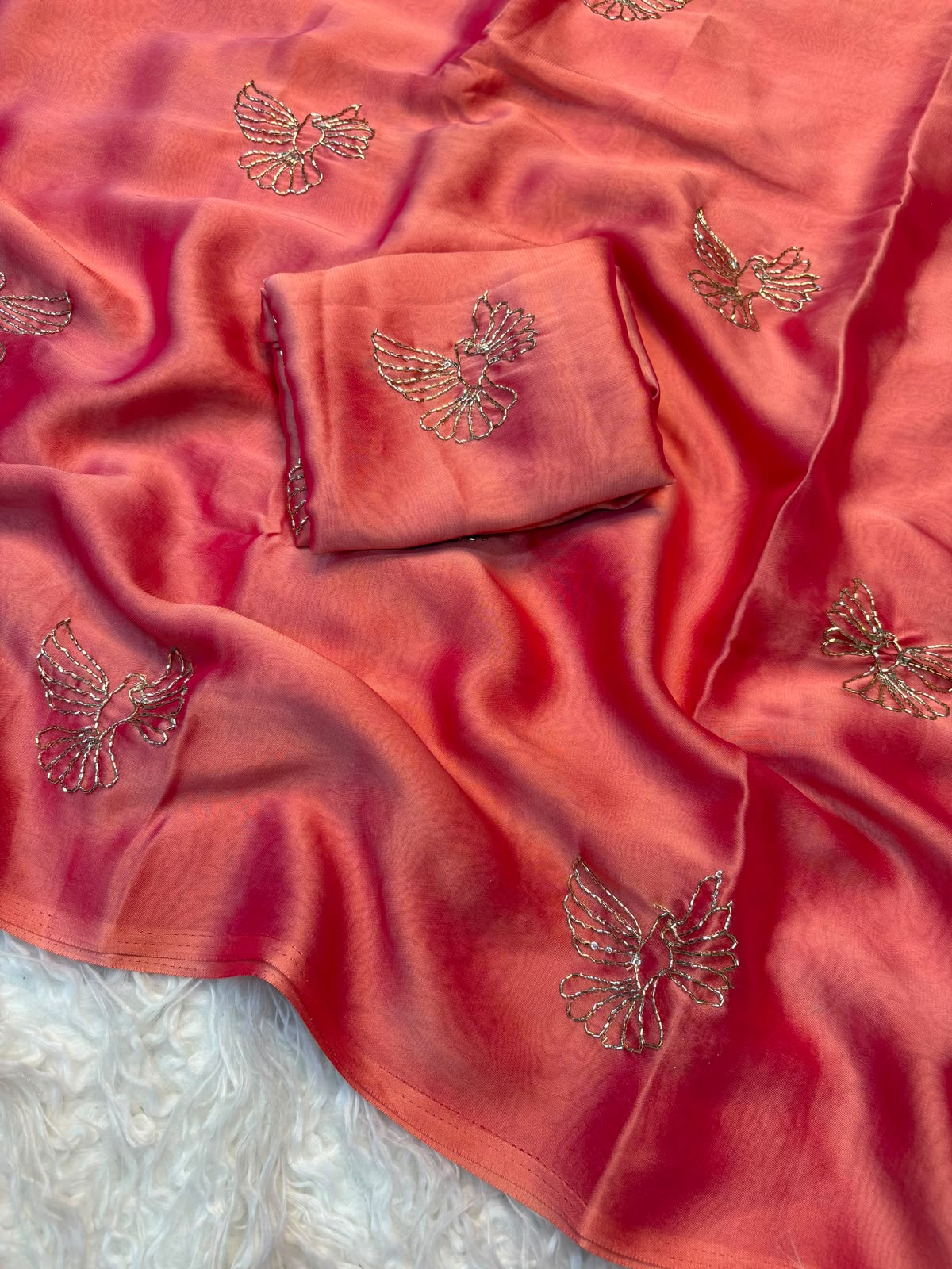 Bird Motif Beaded Rangoli Fabric Saree with Blouse