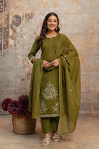 Designer Heavy Cotton Embroidered Kurti Pant Set with Cotton Dupatta