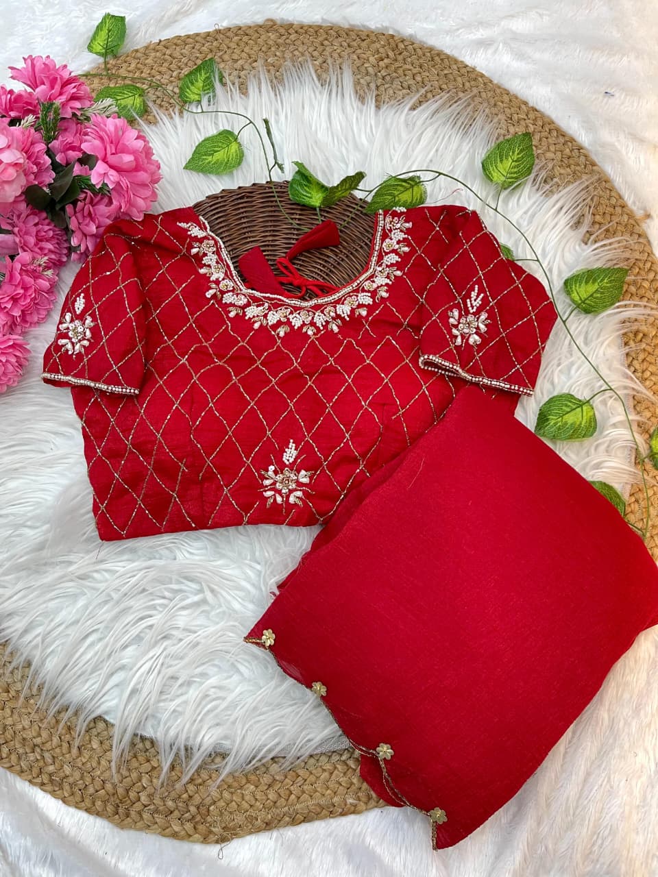Crunchy Silk Khatli Work Saree with Handwork Blouse