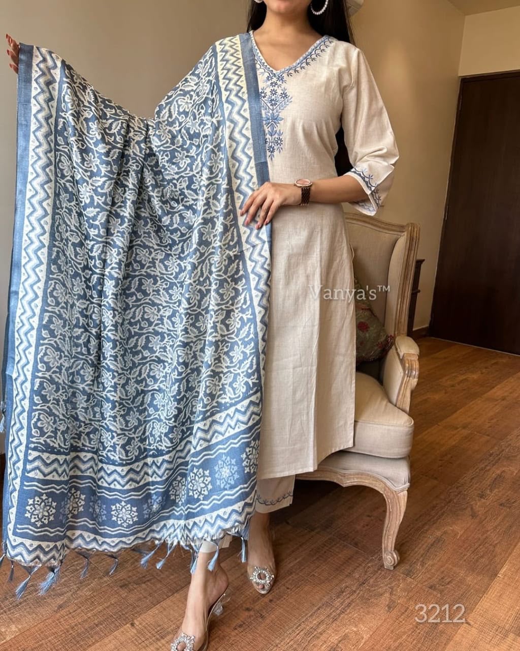 Embroidered Khadi Cotton Kurti Pant Set with Khadi Silk Dupatta