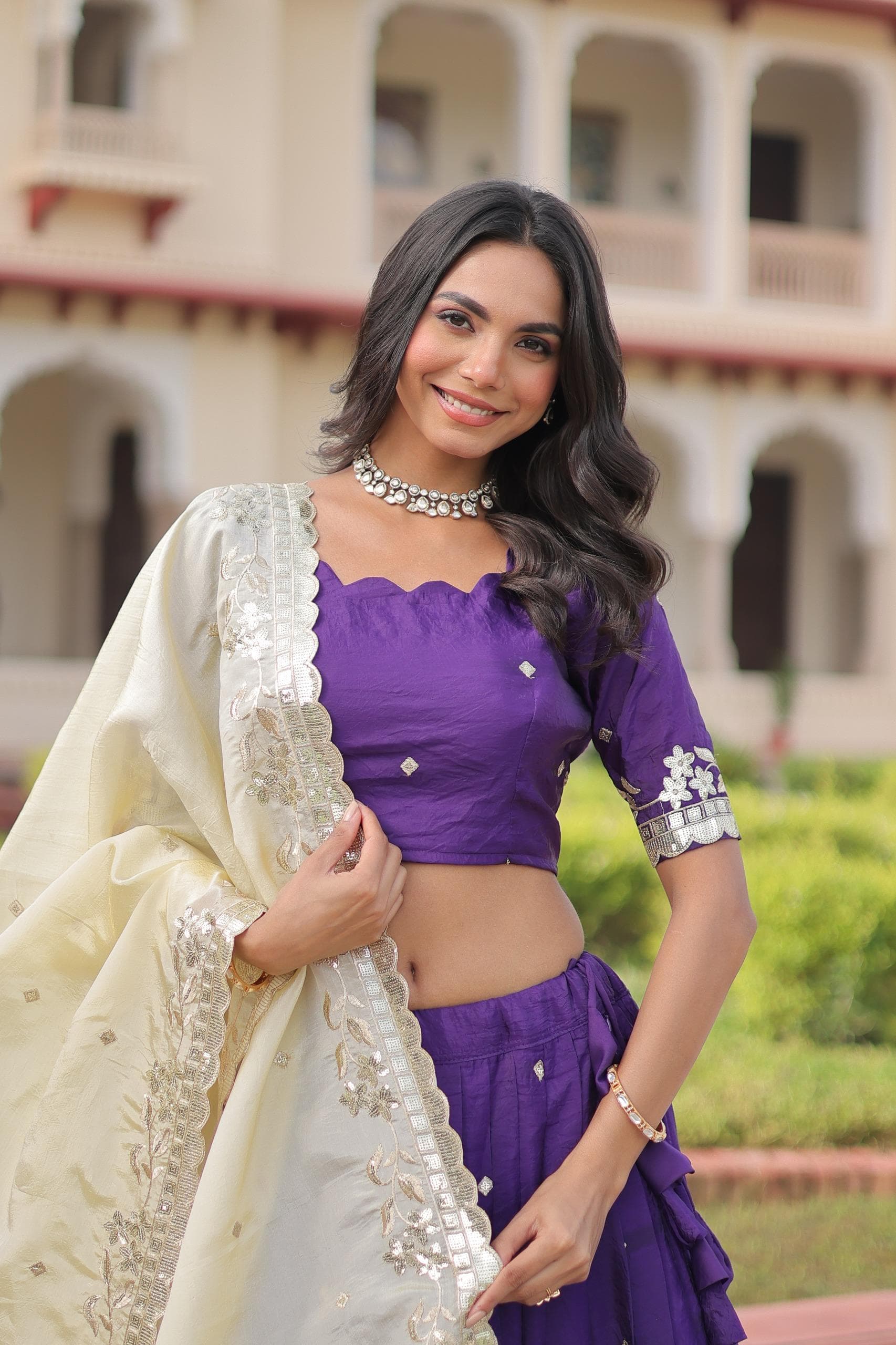 Sequins Embroidered Gold Crush Lehenga Choli Set with Dupatta