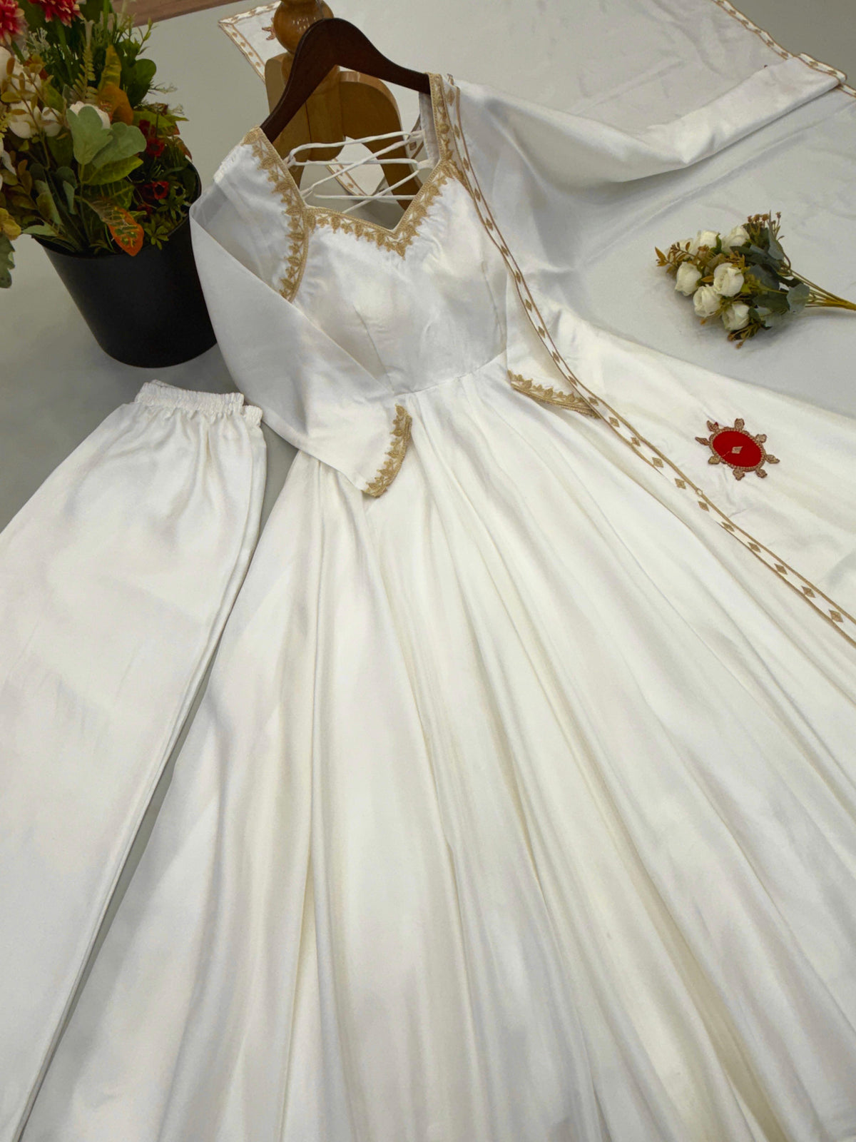 Heavy Upada Silk Embroidered Gown Pant & Dupatta Set