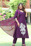 Embroidered Cotton A-Line Kurti Pant Set with Hand Block Dupatta