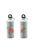 Two white water bottles with heart and girl illustrations on a white background