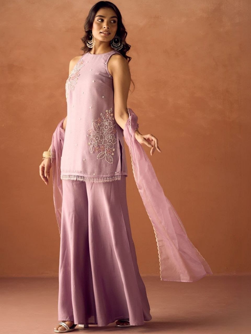 Crunchy Silk Embroidered Kurti Palazzo Dupatta Set