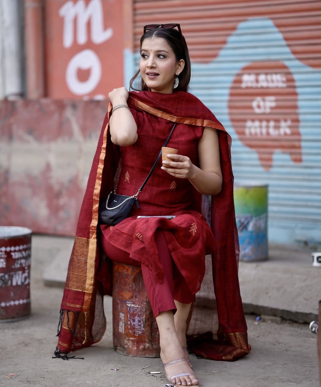 Sleeveless A-Line Cotton Kurti Palazzo Set with Linen Dupatta